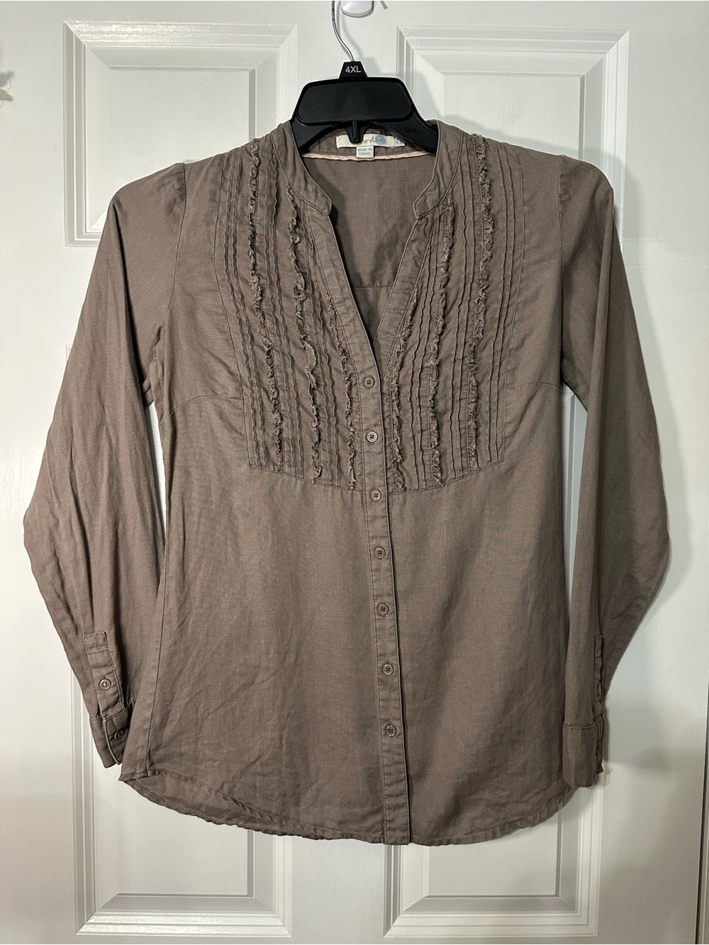 Boden Taupe Button-Front Ruffle-Bib Shirt